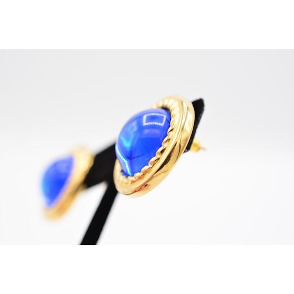 Givenchy Vintage Blue Cabochon Earrings Royal Round Gold Chunky Signed 80s Bin4 - Picture 10 of 12